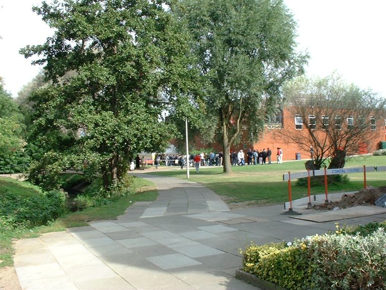 The sports hall with the queue for registration