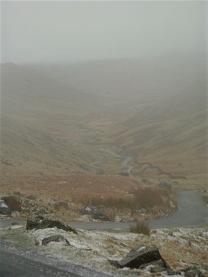 View down into the valley from Hardknott Pass