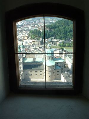 A window half way up one of the turrets of the fort