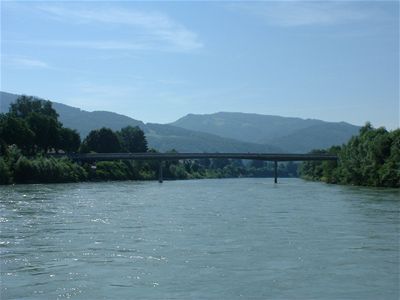 View upstream from the boat, towards the mountains