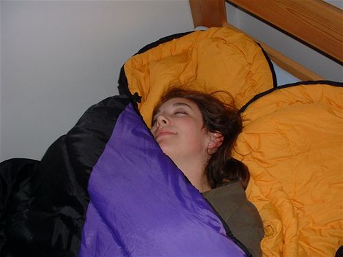 Audrey demonstrating the wonderfulness of adjoined sleeping bags.