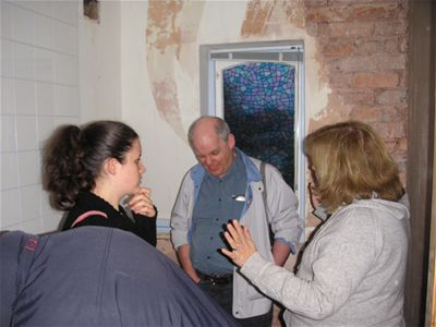 Kay, Dad & Mom in conference in the bathroom