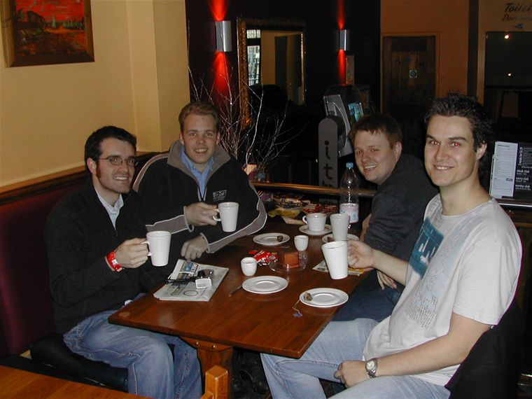 The hardcore, with our cups of tea - Nic, Dan, Mark and Darren (L-R)