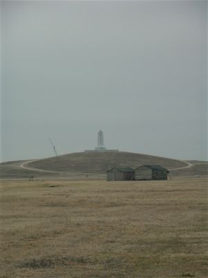 Reconstruction of Wright Brothers hangar (foreground), Wright Brothers Memorial (background)