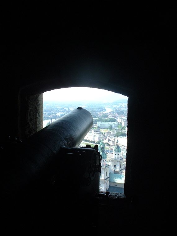 View over the city down the eye of a canon