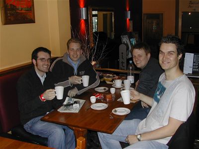 The hardcore, with our cups of tea - Nic, Dan, Mark and Darren (L-R)